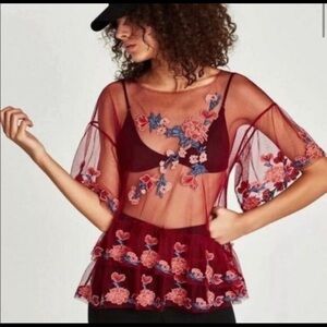 Zara Red Sheer Peplum Blouse with Short Sleeves